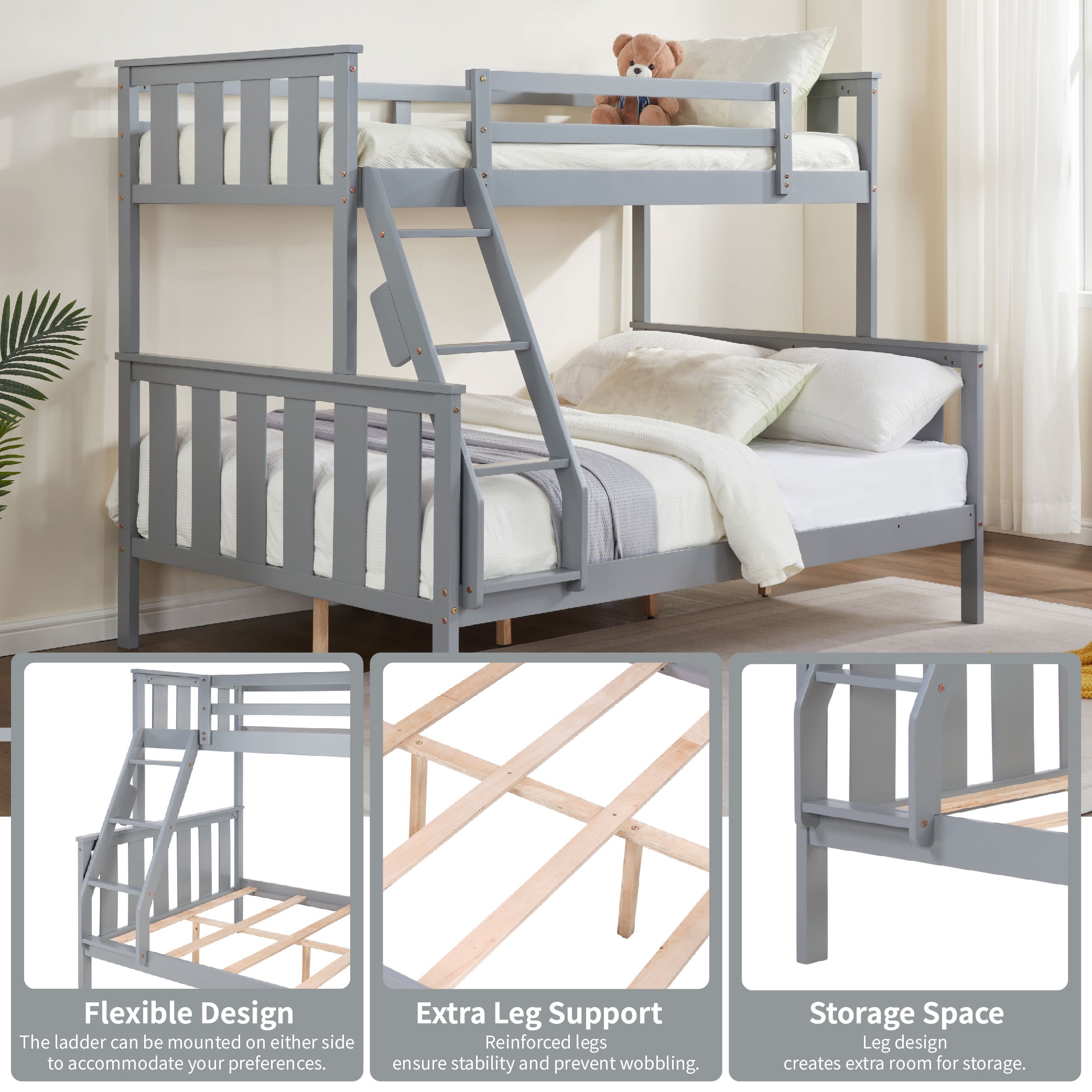 Twin over Full Bunk Bed with Flexible Ladder,Kids Solid Wood Bed Frame,Strong Wooden Slats, Non-Toxic Finishes, No Box Spring Needed,Gray Twin over Full Bunk Bed with Flexible Ladder,Kids Solid Wood Bed Frame,Strong Wooden Slats, Non-Toxic Finishes, No Box Spring Needed,Gray